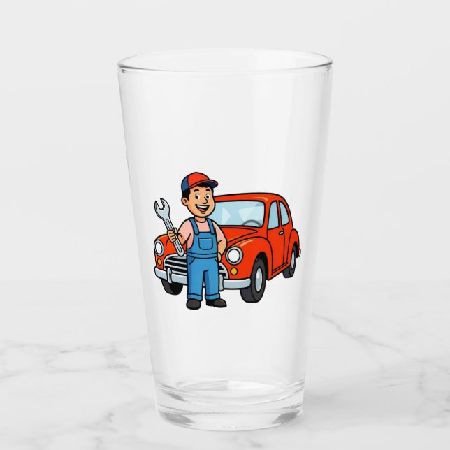 Copo De Pint Cute Cartoon Mechanic with Red Car Illustration (Frente)