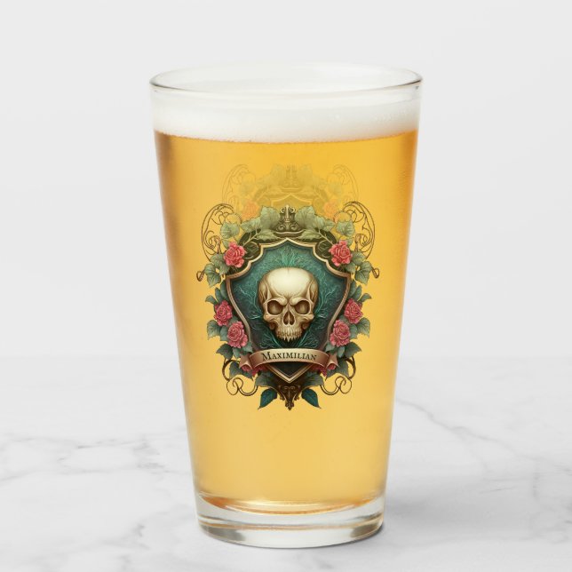 Copo De Pint Design de blindagem do crânio gótico e Rosa (Frente (Preenchido))