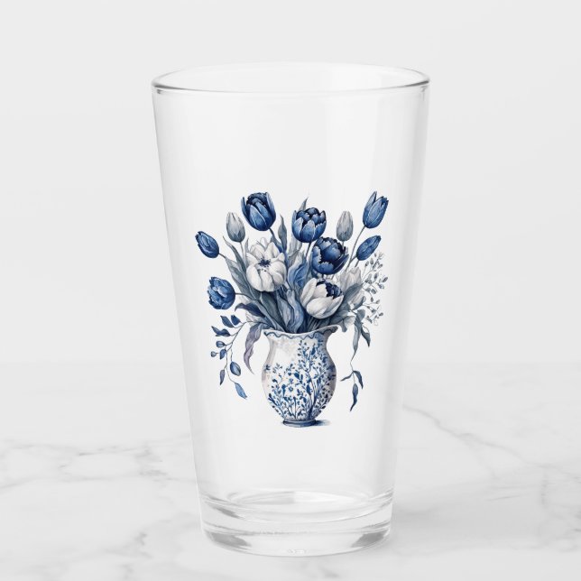 Copo De Pint Design de tulipa do estilo Delft azul e branco (Frente)
