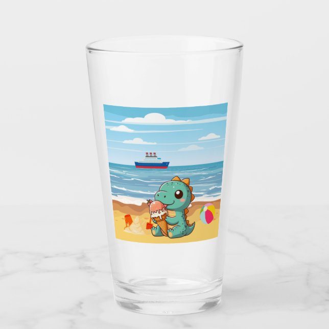 Copo De Pint Dinô bonito comendo sorvete na praia (Frente)
