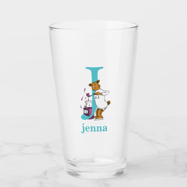 Copo De Pint Dr. Seuss ABC: Carta J - Teal | Adicione seu nome (Frente)