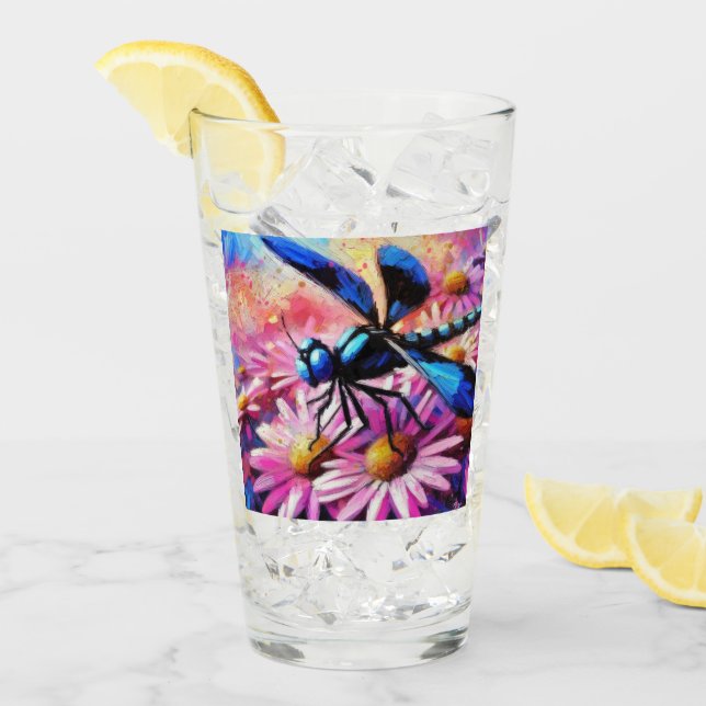 Copo De Pint Dragonfly Impressionista Em Disias Rosa Floral (Gelo frontal)