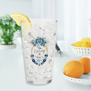 Copo De Pint Elegante Vivendo a Grace Life Blue Floral Dourada