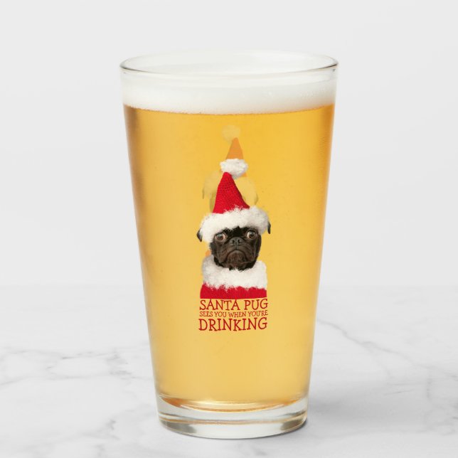 Copo De Pint Engraçado, preto Pug Santa Hat Natal (Frente (Preenchido))
