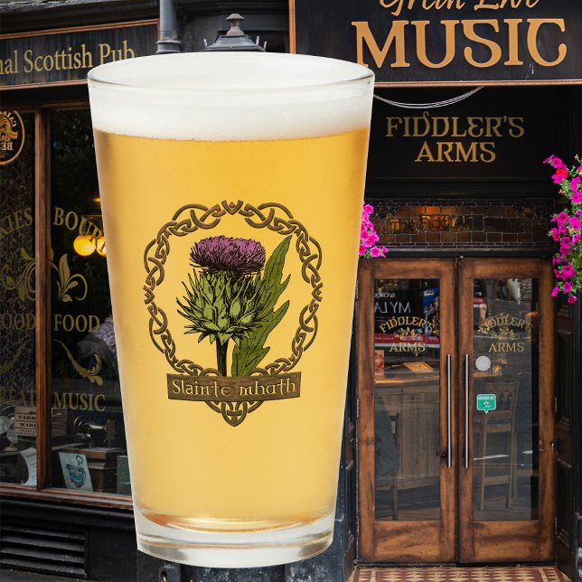 Copo De Pint Escócia - Xistle e Scots - Gaélico (Glass Tumbler with Thistle and Scottish Gaelic toast Slainte M'hath (pronounced slancha va).)