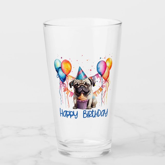 Copo De Pint Feliz Aniversário Pug Com Cupcake E Balões (Frente)