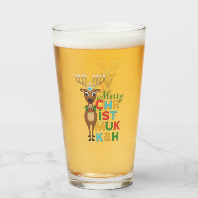 Copo De Pint Feliz Christmukkah Reindeer (Frente (Preenchido))