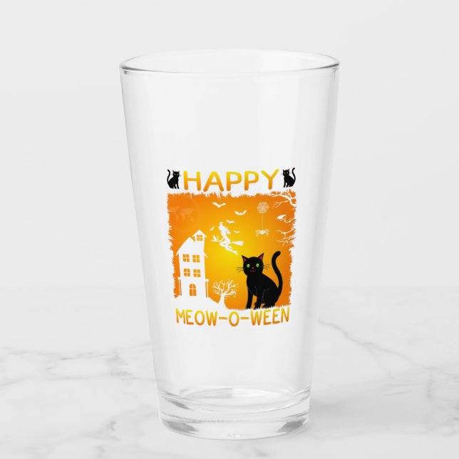 Copo De Pint Feliz Meow-O-Ween - Gatos Pretos, Casa Assombrada (Frente)