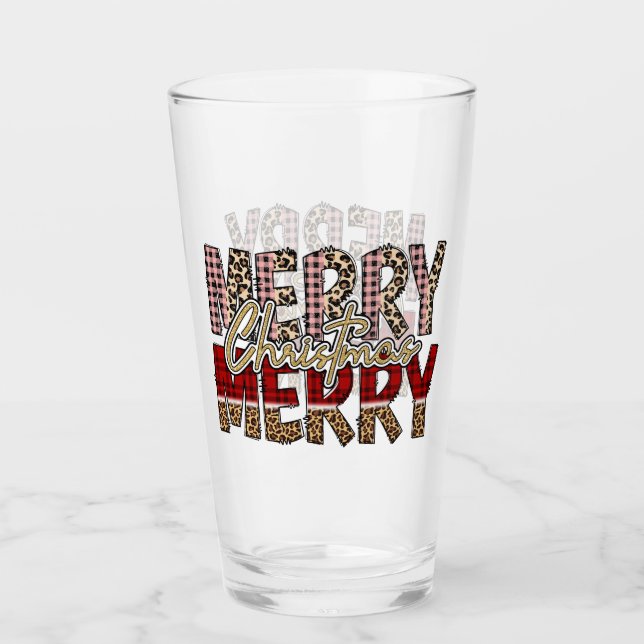Copo De Pint Feliz Natal com estampa de leopardo e xadrez (Frente)