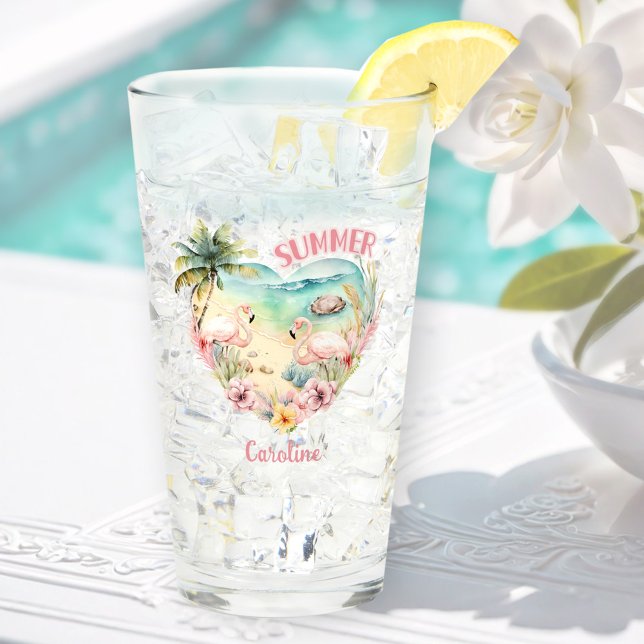 Copo De Pint Flamingo Summer Beach Heart Tropical Pink Name (Flamingo Summer Beach Heart Tropical Pink Name Glass)
