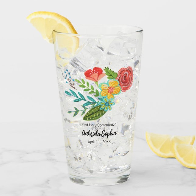 Copo De Pint Flores Coloridas da Primeira Comunhão (Gelo frontal)