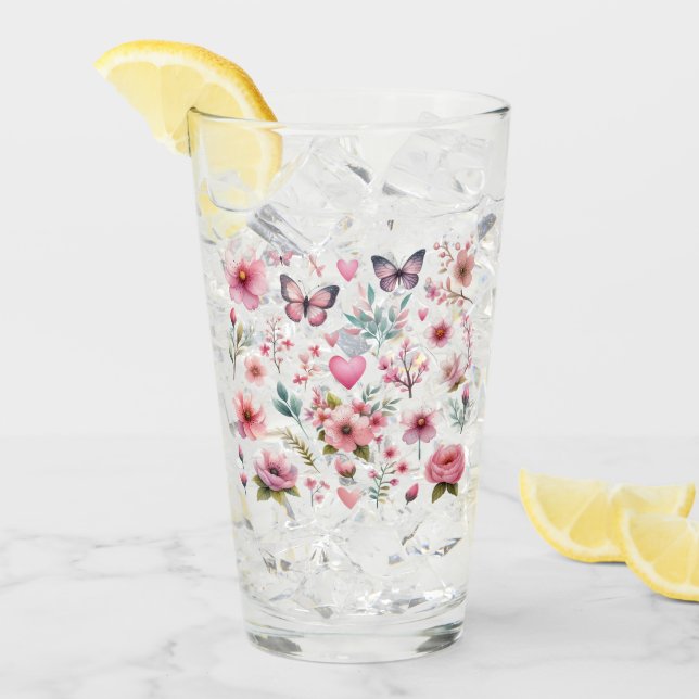 Copo De Pint Flores femininas e borboletas rosa (Gelo frontal)