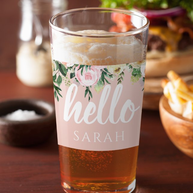 Copo De Pint Flores Rosa Moderno Pastel Alô E Você Chama (Criador carregado)