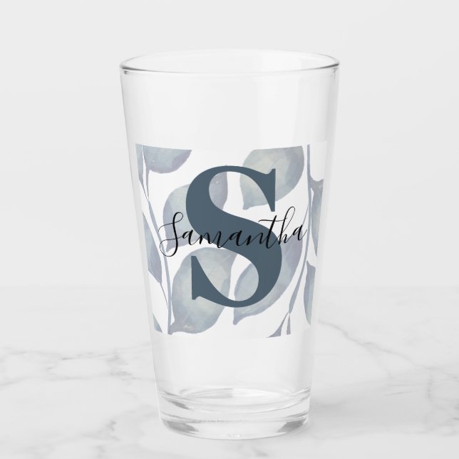 Copo De Pint Folha Azul do Monograma Moderno (Frente)