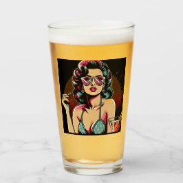Copo De Pint Garota Pin-up Retro em Estilo de Quadrinhos com um