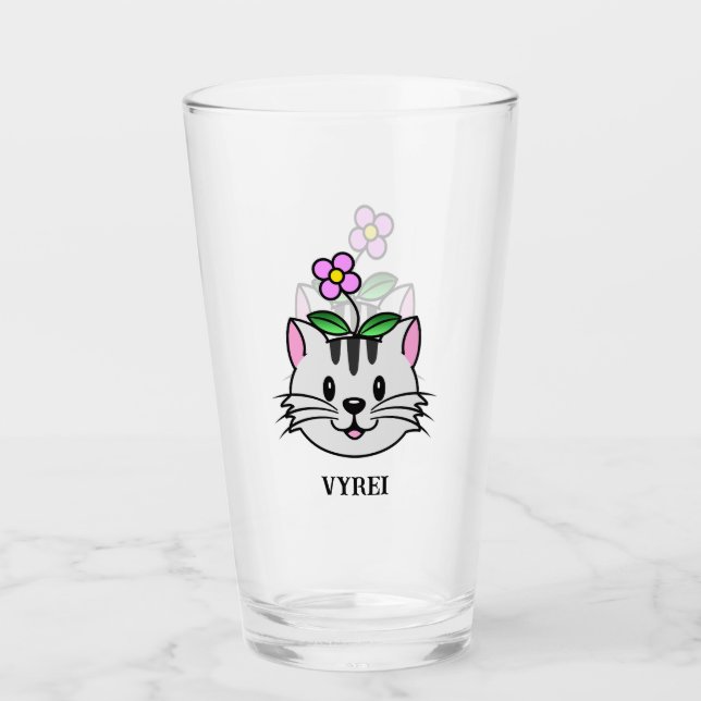 Copo De Pint Gato de Cartoon Bonito com Flor na Cabeça (Frente)