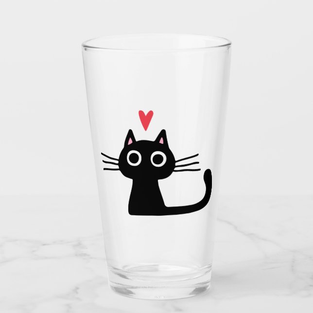 Copo De Pint Gato Gatinho Preto com Coração Namorados (Frente)