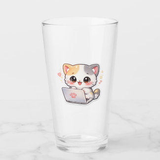 Copo De Pint Gato Kawaii de Laptop em Vidro | Gatinho Chibi Fof