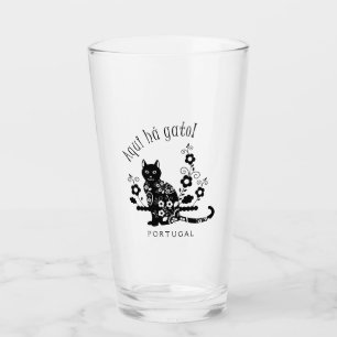 Copo De Pint Gato negro com flores e expressão portuguesa