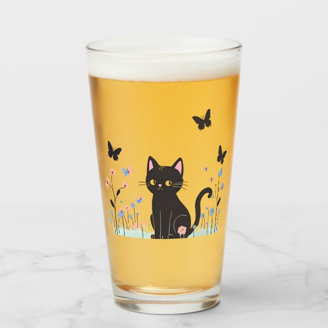 Copo De Pint Gato Negro Observando Borboletas (Frente (Preenchido))