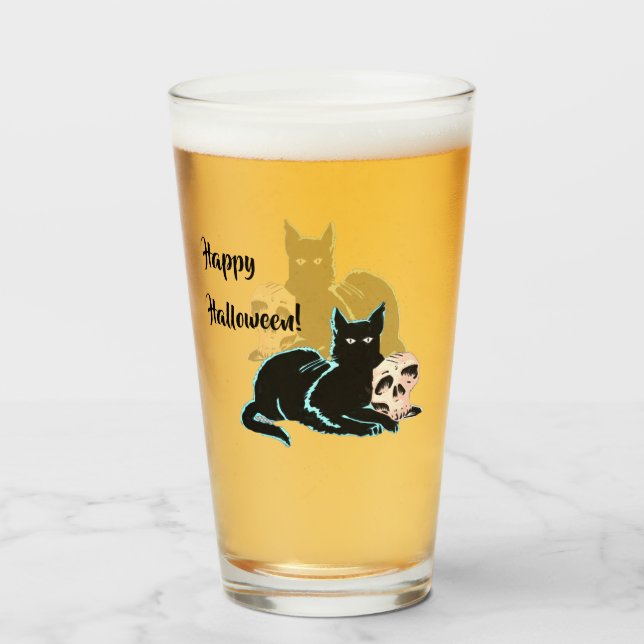 Copo De Pint Gato Preto e Caveira Halloween (Frente (Preenchido))