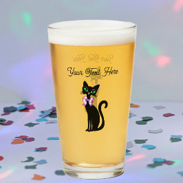 Copo De Pint Gato preto elegante sentado com grandes olhos verd