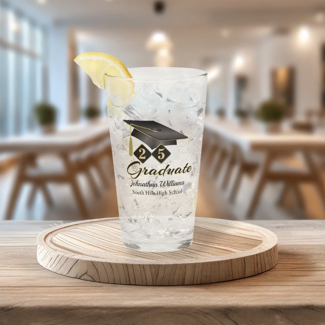 Copo De Pint Graduação Preto Personalizado e Dourado 20XX (Graduation Personalized Black & Gold Glass)