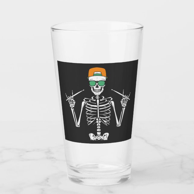 Copo De Pint Halloween Skeleton Rock Hand Tocando Drinks (Frente)