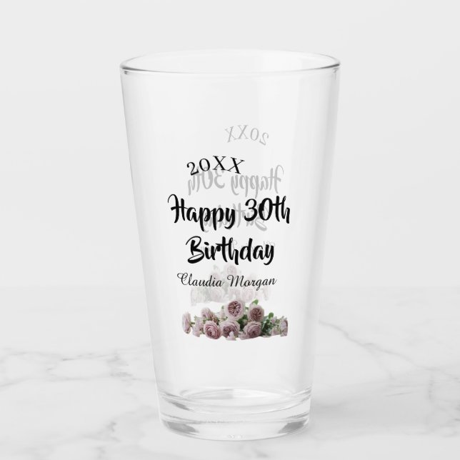 Copo De Pint Happy 30th birthday pink white mauve floral name y (Frente)