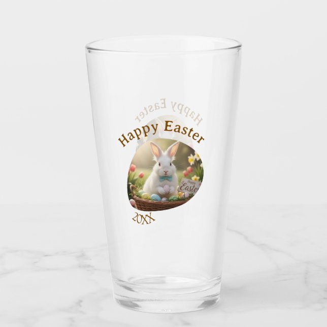 Copo De Pint Happy Easter white bunny year photo family name  (Frente)