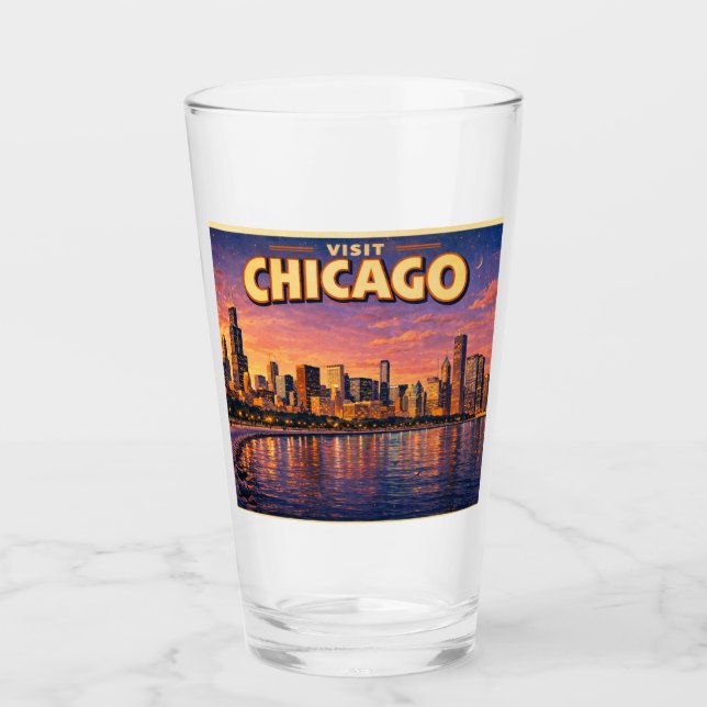Copo De Pint Horizonte de Chicago e Lago Michigan à noite (Frente)