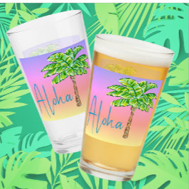 Copo De Pint Ilha Tropical Palmeira Verde Sunset Aloha
