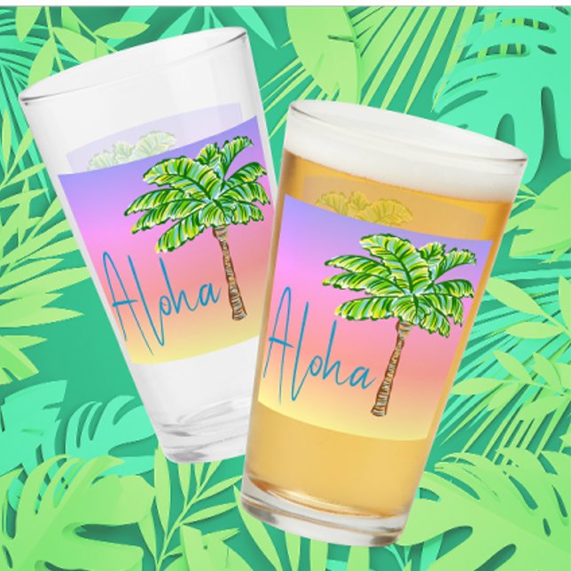 Copo De Pint Ilha Tropical Palmeira Verde Sunset Aloha (Personalize with your own name or message)