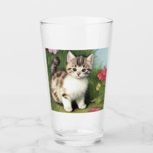Copo De Pint Ilustração de Gato Vintage com Flores Vermelhas