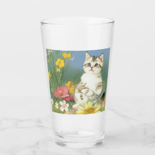Copo De Pint Ilustração Vintage Kitten com Flores Amarelas