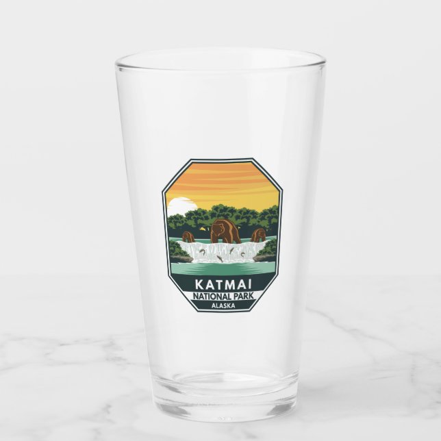 Copo De Pint Katmai National Park Grizzly Bears Retro Emblem (Frente)