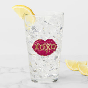 Copo De Pint Kiss Red Lábios Dourado Glitter XOXO