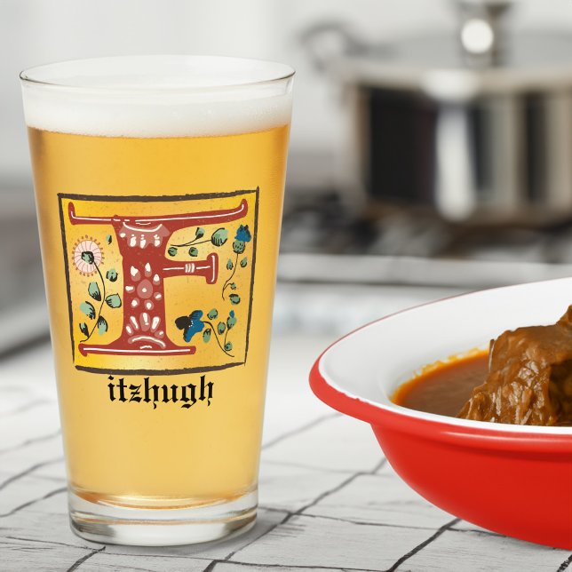 Copo De Pint Letra Floral Iluminada Medieval F Monograma (Criador carregado)