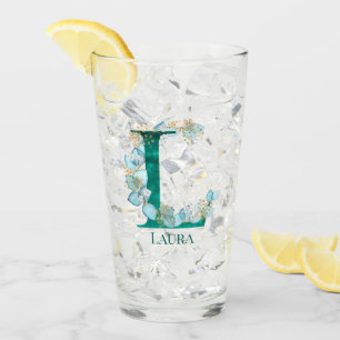Copo De Pint Letra Monograma L em Aquarela Azul Turquesa e Dour