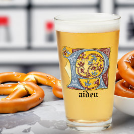 Copo De Pint Letra R Iluminada Azul Medieval e Vermelha Ivy