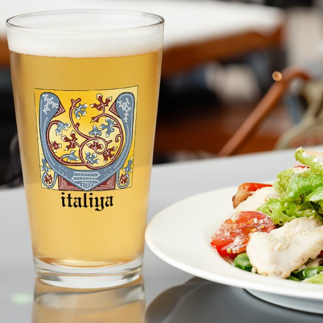 Copo De Pint Letra V Iluminada Azul Medieval e Vermelha Ivy (Criador carregado)