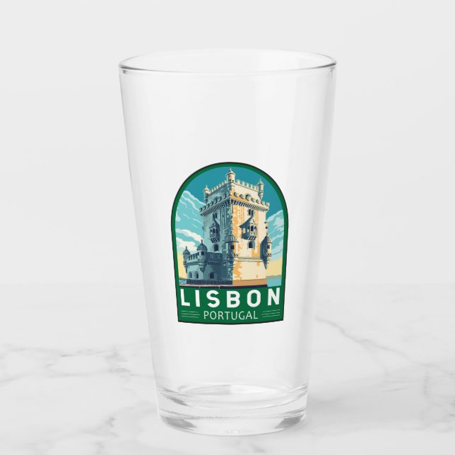 Copo De Pint Lisboa Portugal Belem Torre Viagem Retro Emblema (Frente)