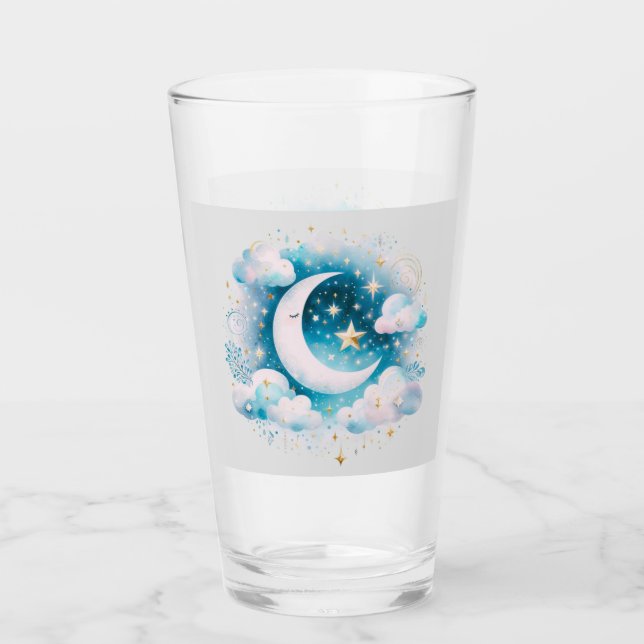 Copo De Pint Lua Crescente Azul e Branco Boho Moderno (Frente)