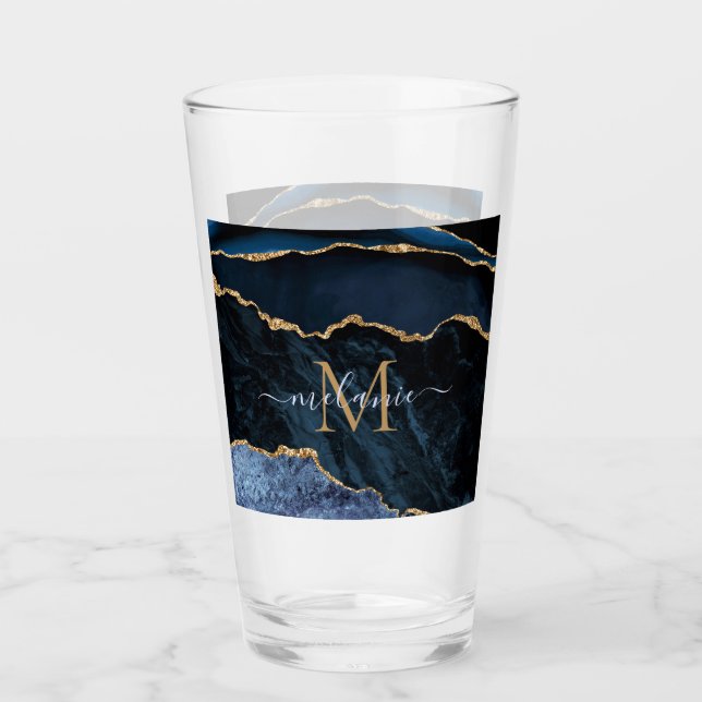 Copo De Pint Marinho Agate Azul Dourado Marble Monograma Nome V (Frente)
