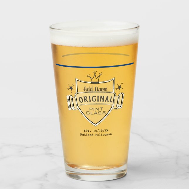 Copo De Pint Mens RETIREMENT (ADD NAME) Lei de Linha Azul Fino (Frente (Preenchido))