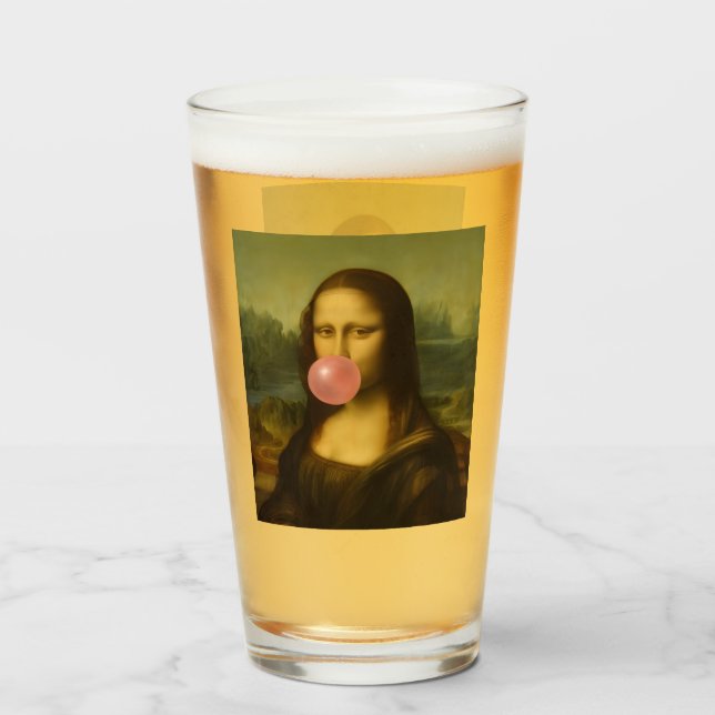 Copo De Pint Mona Lisa Piscando Goma-Bolha Rosa (Frente (Preenchido))