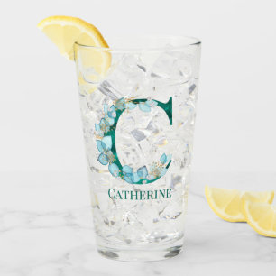 Copo De Pint Monograma da letra C em aquarela azul-verde e dour