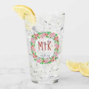 Copo De Pint Monograma de Casamento Coroa Floral Bonita Data de