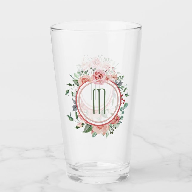 Copo De Pint Monograma de Frame Floral Verde Rosa (Frente)