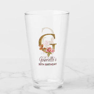 Copo De Pint Monograma de Ouro com Letra G e Rosas Rosa Bege